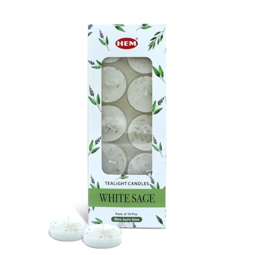 HEM White Sage Tea Light Candles | Natural Soy Scented T-Light for Cleansing, Meditation & Home Décor | Long Burn 45 Mins | Non-Toxic, Smudge Sage | 10 Pack Aromatherapy Candles