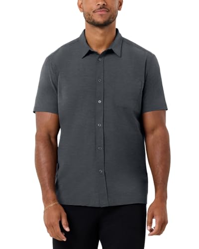 INTO THE AM Men's Casual Button Up Shirt Essential Short Sleeve Button Down Shirts - Stylish Business Casual Dress Shirt (Black Heather, X-Large)