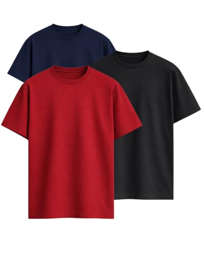 Image of VEL Plain 100% Heavy Cotton Oversized T-Shirt Baggy Fit Drop Shoulder Half Sleeves Round Neck Solid 100% Cotton T-Shirt for Men (Pack of 3)