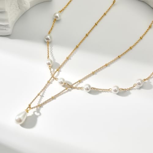 Cicy Bell Womens 18k Gold Plated Necklace Double Layered Teardrop Shell Pearl Delicate Trendy Pendant Necklace Gifts 17.7'' with 2'' Extender2