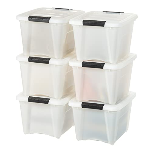 Image of IRIS USA 19 Qt Stackable Plastic Storage Bins with Lids, 6 Pack - BPA-Free, Made in USA - Discreet Organizing Solution, Latches, Durable Nestable Containers, Secure Pull Handle - Pearl