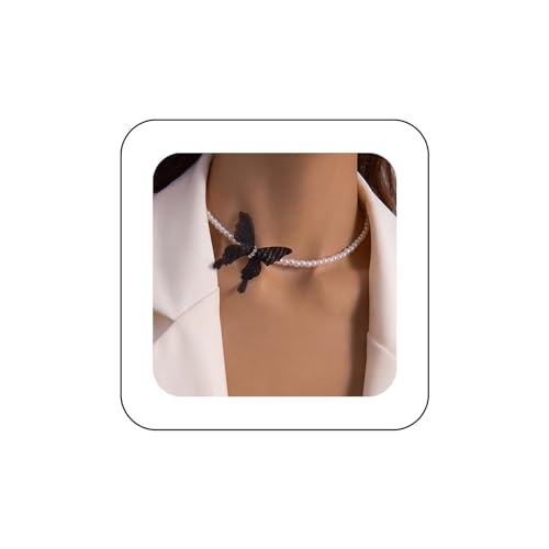 Yienate Boho Collar Perlas Cadena Vintage Negro Colgante Mariposa Collar Perlas Declaración Cadena Gargantilla Gótica Collar De Mariposa Encanto Minimalista Collar De Perlas Joyas Para Mujeres