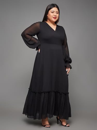Image of Miss Chase A+ Women's Floral Printed Relaxed Fit V -Neck 3 /4Th Sleeve Georgette Maxi Dress