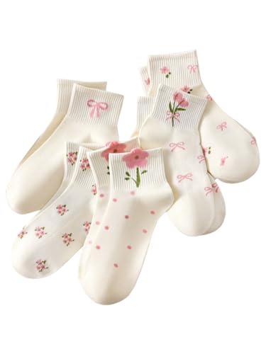GORGLITTER Women's 5 Pairs Floral Bow Print Crew Socks Cute Casual Knitted Ankle Socks