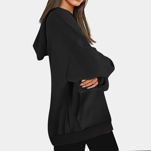KOG Hoodie für Damen Baumwolle Hooded Sweatshirt Einfarbige Kapuzenpullover Warme Hoodies Teenager Mädchen Sweatshirt mit Kapuze Kleidung Fashion Frauen Warm Locker Schwarz XL