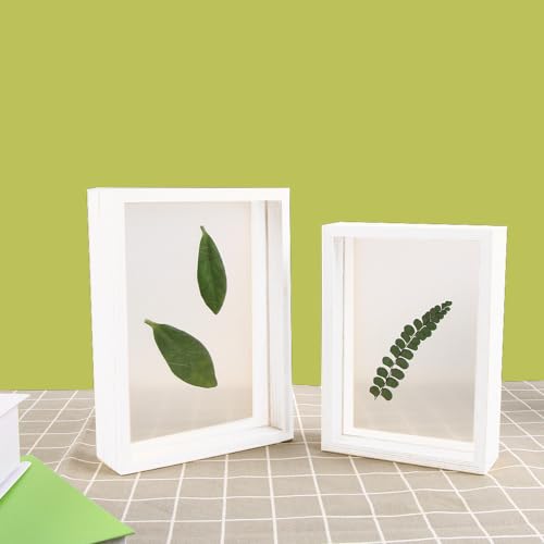 Image of Desi Rang Wooden Rectangular Frame For Wall Decor Table Top Hanging Any Green Or Dry Plant Leaf Picture Photo DIY Gift Home Decoration (White,Rec,7.5X5.5Inch,With Dry Leaf)