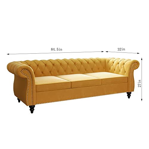 ORRD Chesterfield Sofa Velvet, Modern Tufted Couch 3 Seater with Rolled Arms and Nailhead for Living Room, Bedroom, Office, Apartment (Mango)