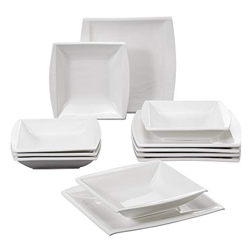 MALACASA 12 Pieces Dinnerware Set Square Dishes White; Includes 6 Dinner Plates and 6 Soup Plates, Service for 6 Series Blance