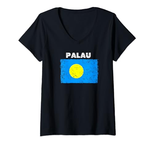 Mujer Palau, bandera de país con estilo grunge envejecido Camiseta Cuello V