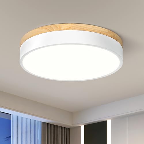 Image of Dimmable LED Wood White Round Flush Mount Ceiling Light 11.81 Inch