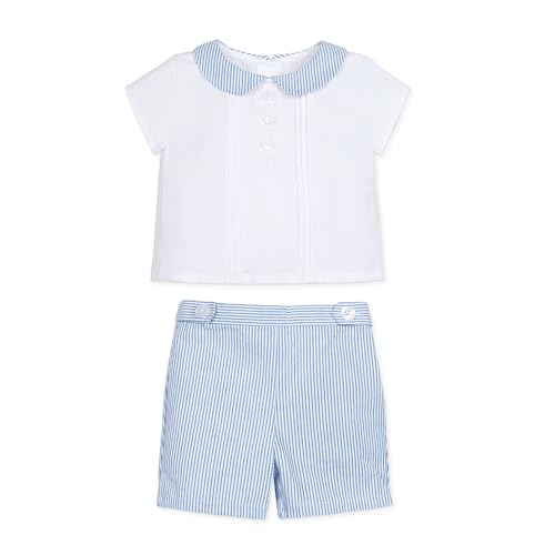 Hope & Henry Baby Peter Pan Shirt and Short 2-Piece Set, 3-6 Months, Blue Seersucker
