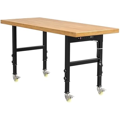 60” Heavy-Duty Solid Wood Work Bench Work Table with Wheels, Adjustable Height Portable Workbench with Power Outlets, 3000 Lbs Capacity Workstation for Garage, Workshop