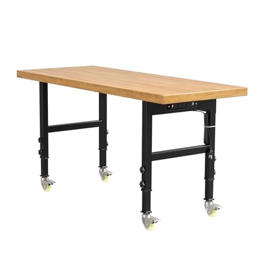 60” Heavy-Duty Solid Wood Work Bench Work Table with Wheels, Adjustable Height Portable Workbench with Power Outlets, 3000 Lbs Capacity Workstation for Garage, Workshop