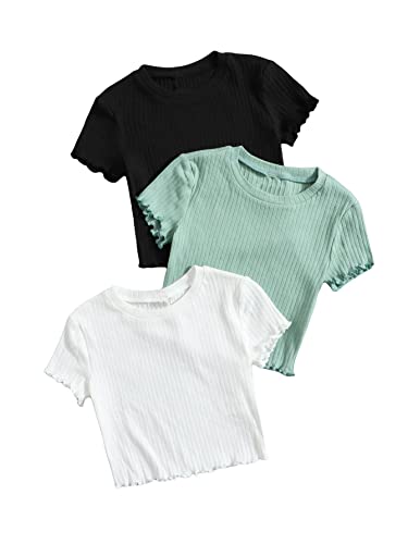 OYOANGLE Girl's 3Pcs Rib-Knit Short Sleeve Crop Top Crew Neck Lettuce Trim Crop Tee Top