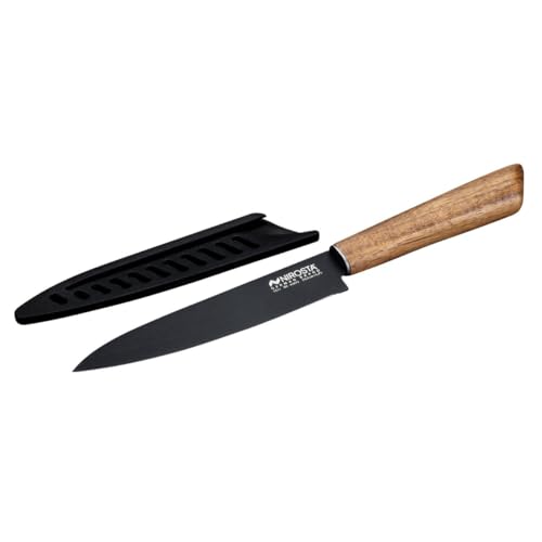 Nirosta 41872 Couteau d’Office Universel 24 cm, Lame Acier Inoxydable avec Revêtement Antiadhésif sans PFAS, Légumes Fruits Fromages, Manche Bois Acacia Certifié FSC™, Protège-Lame PP recyclé, Noir