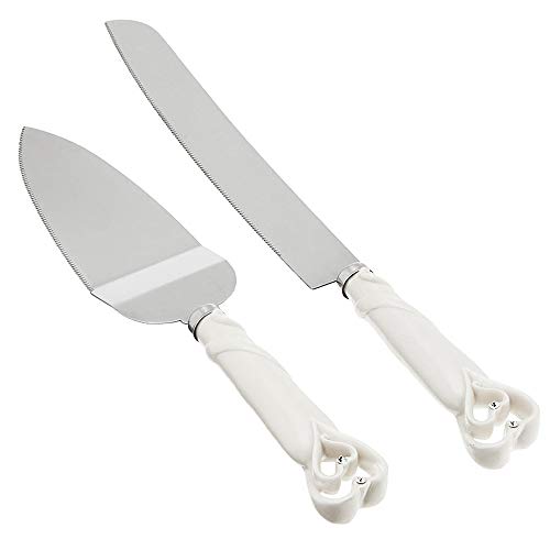PowerKing Classic Double Heart Design Cake Knife and Server Set, Wedding Supplies-Stainless Steel Cake Knife and Server Set for Wedding, Birthday, Anniversaries