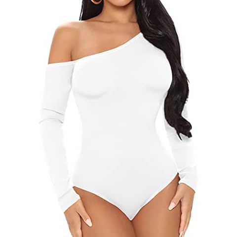 BelleLovin AESLOVIN Women's sexy One Shoulder Long Sleeve Tops T Shirt Bodysuit Jumpsuit (White1, Medium) Cover