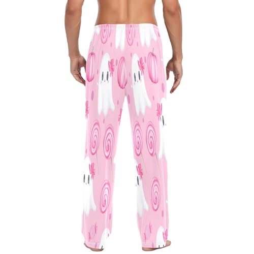 Qilmy Halloween Pink Ghosts Men's Cotton Pajama Pants, Lightweight Lounge Sleepwear with Drawstring and Pocket3
