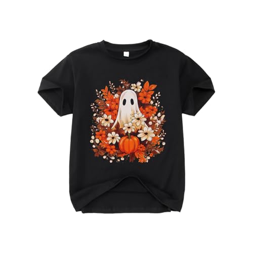 Image of GLIGLITTR Girls Halloween Ghost T Shirt Pumpkin Floral Graphic Tee Tops Kids Spooky Season Casual Short Sleeve Shirt