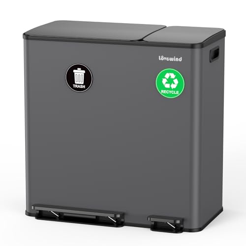Dual Trash and Recycling Bins for Kitchen, 13.2 + 5.2 Gal (50+20L) Stainless Steel Trash and Recycle Bin Combo with Soft-Close Lid, Large Garbage Cans for Kitchen Home with 2 Magnets Sticker, Grey
