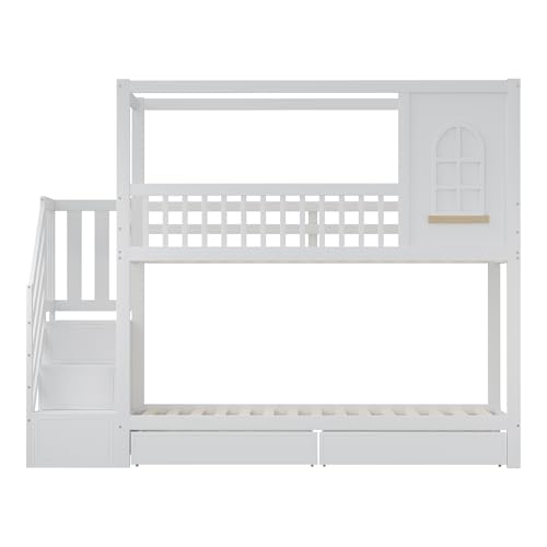 Litera para niños de 90 x 200 cm, cama doble de madera maciza con ventanas, con cajones de almacenamiento y escalera de seguridad, color blanco - imagen 5