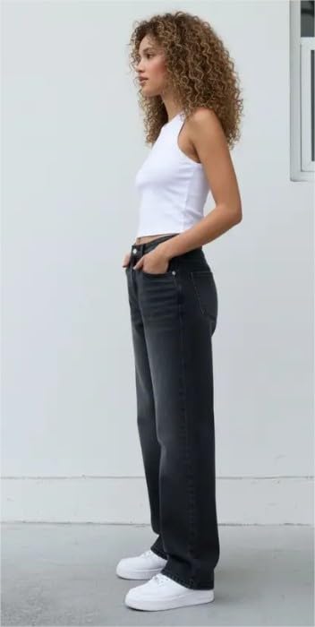 Image of Women's High Waist Baggy Wide Leg Jeans for Women - Loose Fit Washed Black Denim Pants with Straight Palazzo Style, Relaxed Streetwear Korean Trousers