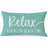 PANDICORN Beach Throw Pillow Covers 12x20 Inch Relax You're on Beach Time Turquoise Outdoor Coastal Nautical Summer Decorations Sign Lumbar Decorative Cushion Case for Home Porch Sofa Couch Room Decor