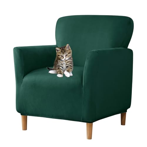 SONNACH Stretch Chair Covers with Arms 1-Piece Banquet Armchair Slipcover Velvet Mid Century Modern Armchair Slipcover Anti-Slip Furniture Protector for Living Room Friendly for Kids Pets (Kelly)