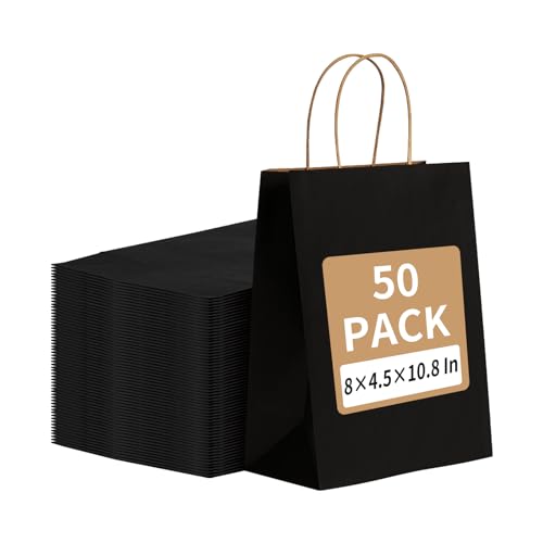 Image of RACETOP Black Kraft Paper Bags 50 Pack 8x4.5x10.8 in with Handles