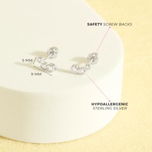 925 Sterling Silver Bezel Set Clear Cubic Zirconia Stone Climber Safety Screw Back Earrings For Little Girls and Preteens - Glimmering CZ Bezel Earrings For A Young Girl4