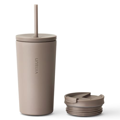 VINSUN Thermobecher mit Strohhalm 480ml - Edelstahl, auslaufsicher, doppelwandig isoliert, Heiß & Kaltgetränke - Kaffee Trinkbecher mit zwei Deckeln
