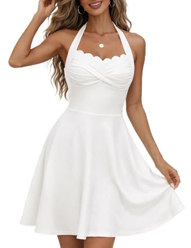 Image of CiCiBird Women's Halter Neck Mini Dress with Pockets Scalloped Neck Retro A-Line Cocktail Party Dress Backless Bow Tie