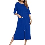 Summer Nightgowns For Women Plus Size Plain Zip Up Nightgown House Dress Fashion 3/4 Sleeve Robe Long Lounge Dresses Sleepwear With Pockets Womens Nightshirts Blue