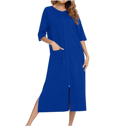 Summer Nightgowns For Women Plus Size Plain Zip Up Nightgown House Dress Fashion 3/4 Sleeve Robe Long Lounge Dresses Sleepwear With Pockets Womens Nightshirts Blue