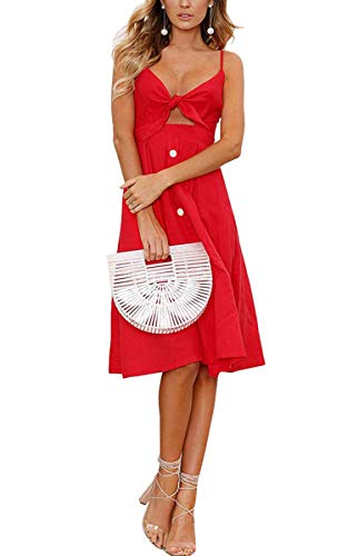 Image of ECOWISH Women 2026 Summer Dresses Tie Front V-Neck Spaghetti Strap Button Down A-Line Backless Swing Midi Dress