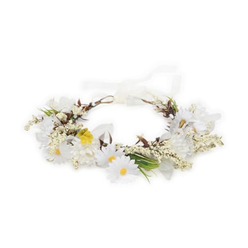Image of Radhu & Kabby White Daisy Floral Hair Tiara for Women | Artificial Flower Crown with Ribbon Tie | Elegant Hair Accessory for Weddings, Haldi, Photoshoots & Parties | Lightweight | 1 Pc
