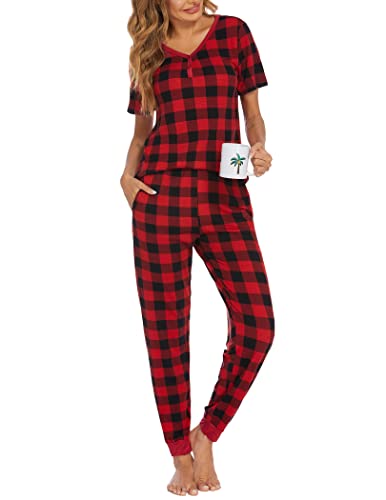 Image of Ekouaer Pajamas for Women Set 2 Piece Fall Lounge Sets Short Sleeve Pjs Joggers Long Pants Sleepwear with Pockets