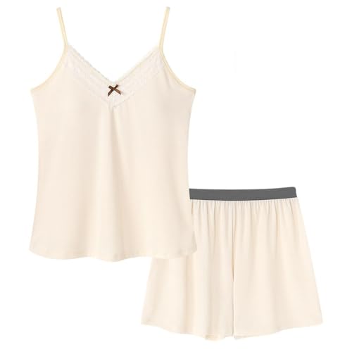 Pyjamas en soie glacée pour femmes avec hauts à bretelles en dentelle et shorts