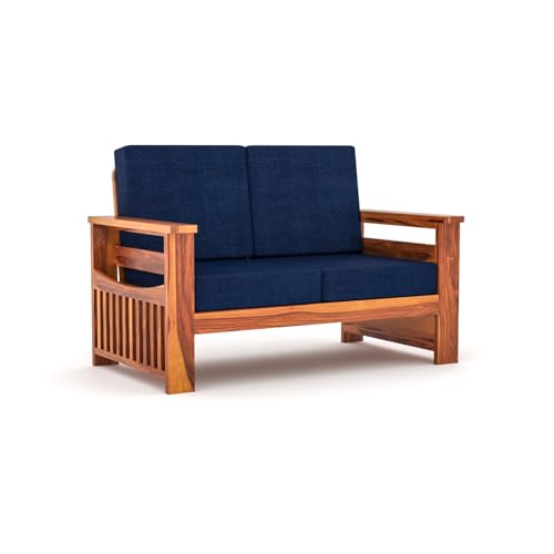 Image of Sheesham Wooden 2 Seater Sofa for Living Room | Rosewood 2 Seater Cushion Sofa Side Half Moon Rack | Solid Wood Sofa Set for Lounge (2 Seater,Honey Finish)