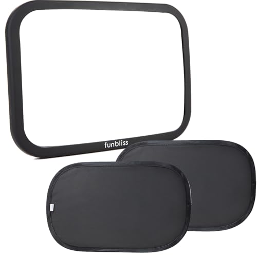 Funbliss Miroir de bar pour bébé + lot de 2 pare-soleils de voiture, protection UPF 50+ pour bébé dans la voiture, sangles entièrement réglables avec rotation à 360 °
