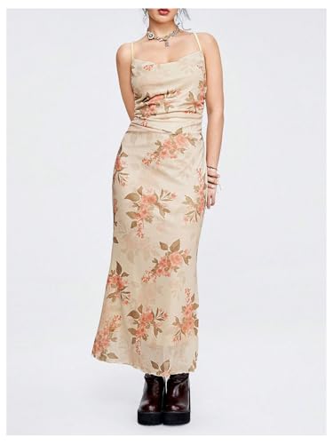 Image of SOLY HUX Women's Floral Mesh Bodycon Cami Dress Cowl Neck Sleeveless Cocktail Party Wedding Guest Long Maxi Dresses