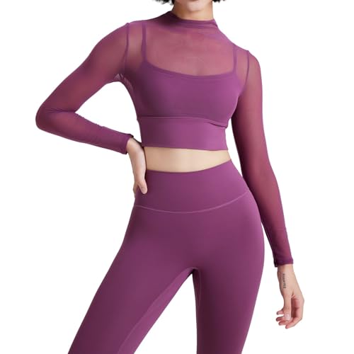 Women's Long Sleeve Mesh Crop Workout Tops See Through Shirt Gym Yoga Running Shirts with Built in Bra