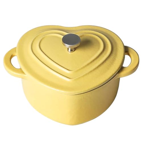 Yellow,Mswborml Non-Stick Enameled Cast Iron Heart-Shaped Skillet with Lid, Mini Love Pot with Double Handle, Dutch Oven Pot Small, Cast Iron Pot for Cooking, Bread Baking Oven Safe to 500°F, 500ml