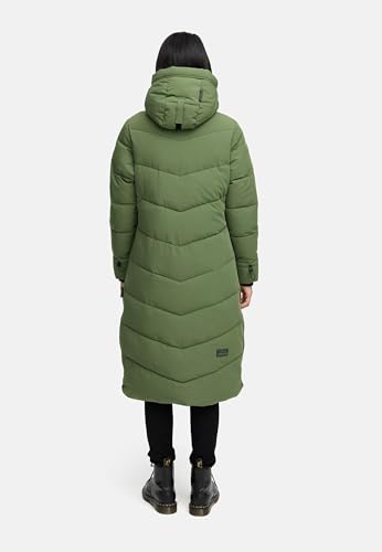 MARIKOO Damen langer Wintermantel warmer Steppmantel mit verstellbarer Kapuze Benikoo Pine Olive Gr. M