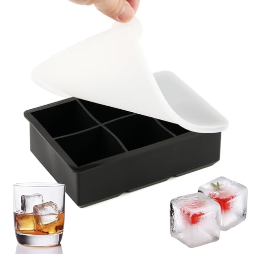 Image of 1PECK Large Ice Cube Tray for Whiskey, 6 Grid Big Silicone Square Ice Cube Mold with Removable Lid, Huge Square Ice Cubed Tray for Whisky and Cocktail (Black)