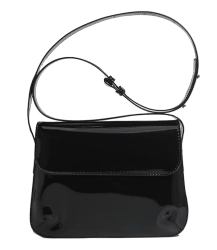 Bolsa feminina elegante de couro envernizado com alça superior brilhante, Preto, Small