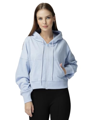 Image of Casual Wear Solid Crop Zipper Jacket Hooded Neck Full Sleeves with Kangaroo Pocket Hoodie for Women