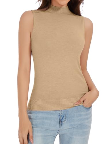 Image of Sleeveless Mock Neck Knit Tops for Women Slim Fit Turtleneck Sweater Vest Business Work Tank Pullover