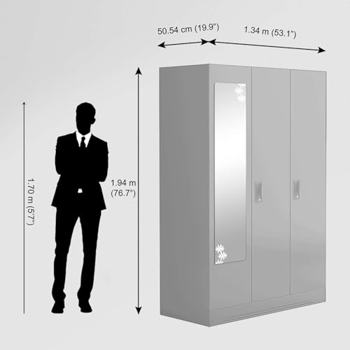 Image of Interio by Godrej Almirah Slimline 3-Door Steel Almirah, Cupboard for Clothes (Royal Ivory), 1-Year Warranty, 7 Shelves, 1 Locker, Star Design Mirror