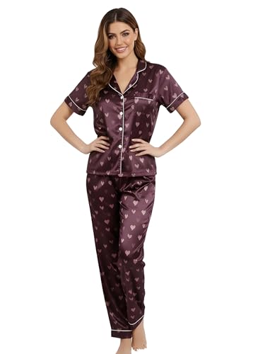 Image of Women's Lycra Heart Printed Night Suit Set of Shirt & Pajama Set Women Night Wear Set,Night Dress for Woman